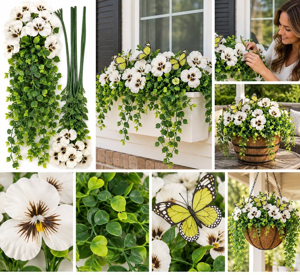 Outdoor Faux Pansy & Butterfly Floral Set ā Artificial Flowers & Greenery